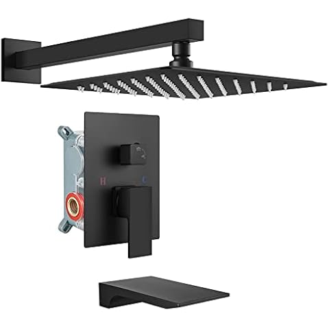 Aolemi Matte Black Tub and Shower Faucet Set Complete 10 Inch Rainfall Shower Head Shower Fixture Mixer Wall Mount with Wide Waterfall Tub Spout Shower System Kit Rough-in Valve Body and Trim Included Cover