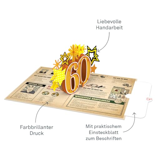 papercrush® Pop-Up Karte „Zurück ins Jahr 1966“ - Lustige 3D Geburtstagskarte zum 60. Geburtstag für Frau & Mann - Besondere Glückwunschkarte 60 Jahre mit lustigen Fakten zum Jahrgang