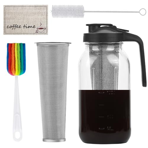 Cold Brew Coffee Maker, 64oz Cold Brew Pitcher with Stainless Steel Filter & Coffee Mat, Glass Cold Brew Mason Jar with Airtight Lid, Cold Brew Brewer Kit Tea Infuser Pitcher, Gifts for Coffee Lovers