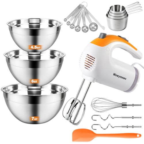 Image of 300W 5-Speed Electric Hand Mixer with 3 Thickened Nesting Mixing Bowls, Measuring Cups and Spoons, Complete Kitchen Cake Mixer with Paddle, Dough Hook and Whisk for Baking