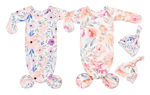 Image of Vollmic Newborn Baby Knotted Gown Sleeper Gown with Mittens Long Sleeve Nightgown Baby Coming Home Outfit with Hat 2 Pieces