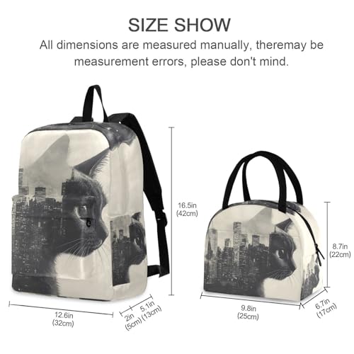City and Cat Print Backpack Set with Lunch Bag, Large Capacity Travel Backpacks and Lunch Box Insulated for Commute Hiking Picnic2