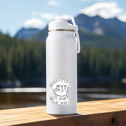 Image of Cute Sloth Always Late But Worth The Wait 6-Inch Vinyl Decal Sticker for Laptops, Water Bottles, Cars, Notebooks, and More - Durable, Waterproof, Weather-Resistant, Easy to Apply, and Long-Lasting