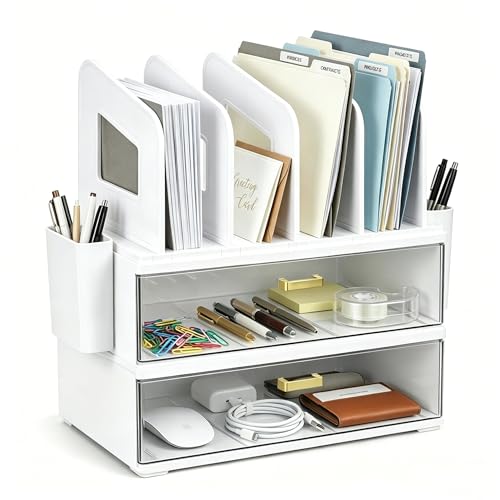 Image of CiWiVOKi Desk Organizer with 4 File Slots and 2 Drawers, White | Desktop organizer with dual pen holders for storing files, mail, notebooks and office supplies in home or office use