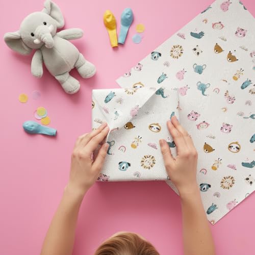 Image of QIPS | NUKKAD Printed Gift Wrapping Paper - Pack of 10 Sheets (19 inch x 29 inch) | Glossy Finish, 80 GSM Acid-Free Paper | Ideal for Birthdays, Baby Showers & Festivals (Cute Cartoon Prints)