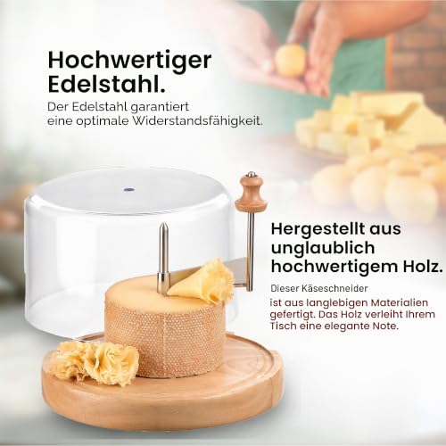 Foto von IRIS BARCELONA Horizontaler Käseschneider mit rundem Holzbrett und transparentem Deckel, drehbare Zentralachse mit Klinge zum Schneiden von Spänen und Käseblüten, Ø 22 cm