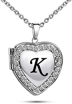 KunBead Jewelry Love Heart Photo Picture Locket Necklace Name Letter Initial Alphabet Pendant Necklace for Women Girls