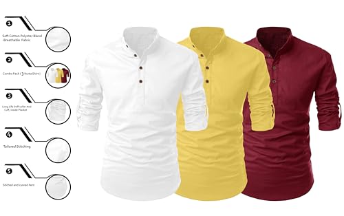 Image of FINIVO FASHION Combo of Men's Cotton Blend Solid Regular Fit Full Sleeve Straight Short Kurta Shirt, Casual and Formal Wear