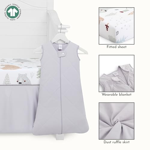 Image of Evolur Grizzly Bear 3 Piece Crib Bedding Set, Machine Washable, Soft and Breathable Toddler Bedding Set, Includes Fitted Sheet, Wearable Blanket and Crib Skirt