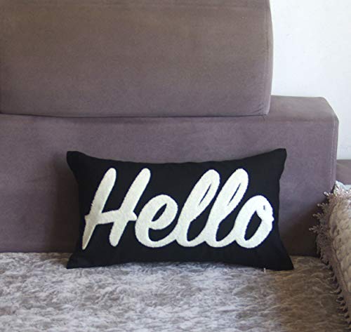 Favdec Embroidered Hello Decorative Throw Pillow Cover, Lumbar Hello Pillow Cover 12 Inches X 20 Inches Cover Only (Black Cloth-White Text) #TOP1