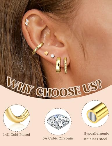 CASSIECA Small Gold Hoop Stud Earrings for Women - Hypoallergenic 14K Gold Cartilage Earring Stack Set Surgical Stud Earrings Dainty Hoop Earring Sets for Multiple Piercing 20G3