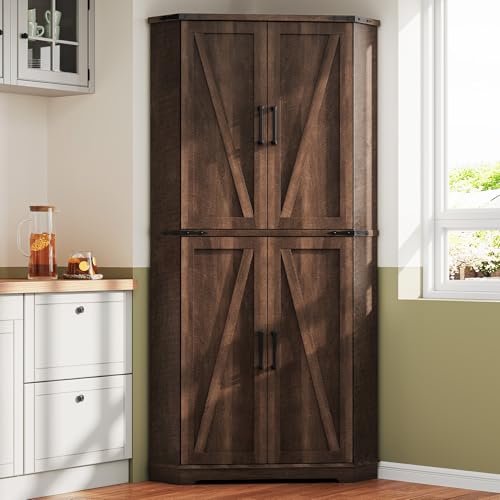 Image of Dripex 71 inch Brown Farmhouse Corner Pantry Cabinet with LED Light, Tall Storage Cabinet with Doors & Adjustable Shelves, Food Pantry for Kitchen, Living Room, Dining Room