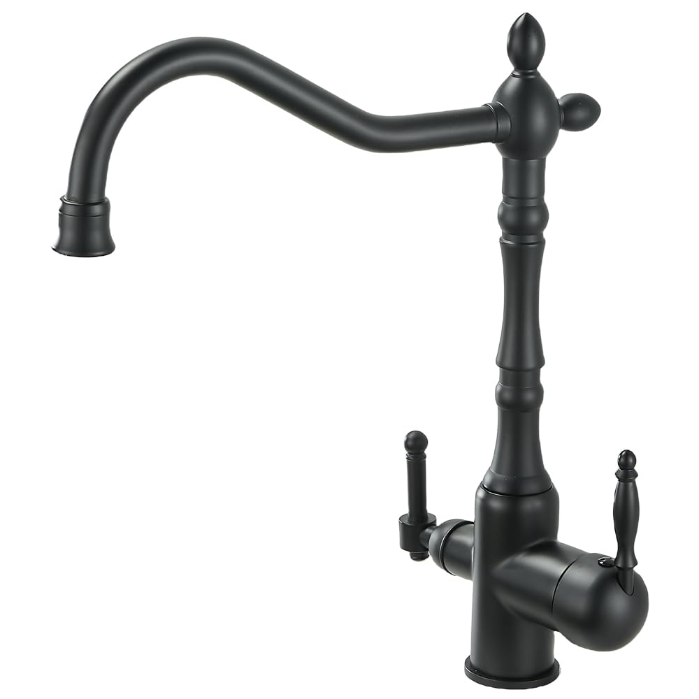 Weirun Matte Black Kitchen Tap With Filter 360° Swivel Antique Vintage Kitchen Sink Tap Dual Handle 1 Hole Kitchen Mixer Tap,Drinking Water Tap, 3 In1 Kitchen Mixer Tap With Drinking Filtered Water Outlet