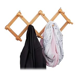 Relaxdays Wandgarderobe van hout, uittrekbare garderobelijst, 10 kledinghaken, stabiel, opvouwbaar, natuur, 1 stuk