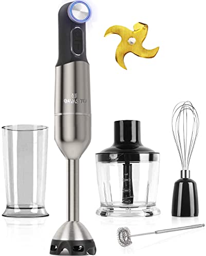 Gavasto Immersion Blender 800 Watts Scratch Resistant Hand Blender,20 Speed and Turbo Mode Hand Mixer, 5-in-1 Heavy Duty Copper Motor Stainless Steel Smart Stick with Egg Whisk, Milk Frother, Chopper