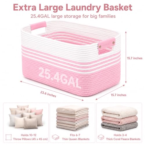 Image of 25.4GAL Collapsible Cotton Rope Extra Large Storage Basket For Bedroom Closet, Boho Rectangular Big Short Hamper Woven Storage Baskets for Living Room Throw Pillows Blankets Dirty Clothes,White Pink