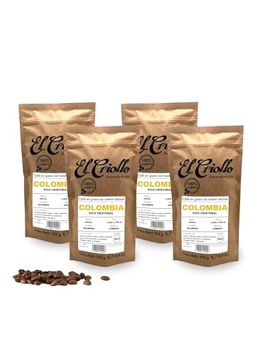 Cafés El Criollo | Origen Colombia | Café en GRANO de Especialidad 1Kg | 100% Arábica | Specialty Coffee 83,5 puntos SCA | Tueste Natural y Artesanal | Finca Pico Cristóbal | Pack 4x250g 1kg