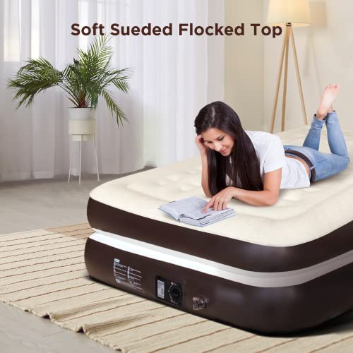 Ciays Air Mattress With Built-In Pump, 16" Elevated Blow Up Mattress With Carrying Bag For Home And Camping, Flocked Top Inflatable Air Bed For Guests, Family, Queen, Brown #TOP1