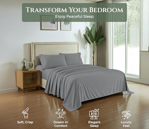 Image of ROYALE LINENS 100% Organic Cotton Full Sheet Set - 16 inch Deep Pocket Bed Sheets - Eco Friendly Grey Bed Sheets - Sabanas Full - 1 Flat, 1 Fitted & 2 Pillowcases - Grey Sheet Set - Cotton Bedding Sets