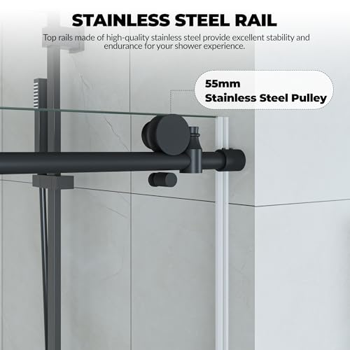 Image of Frameless Sliding Shower Door,44-48 in w x 76 in h Waterproof Glass Shower Door,1 /4 in Thick Tempered Clear Glass with Explosion-Proof Film,Handle and Seal Strip, Matte Black