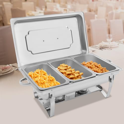 Rectangular Chafing Dish Buffet Set, 7.9Qt Catering Chafer Warmer Set with 3 Food Compartments/Pans, Silver Stainless Steel Buffet Dishes Warming Utensils for Kitchen, Dining