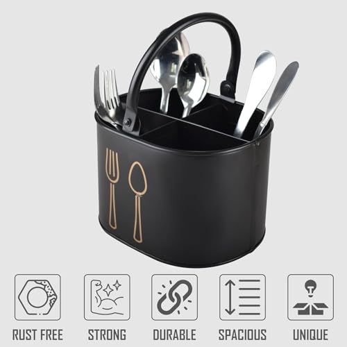 Image of Clazkit Plastic Cutlery Holder for Kitchen Counter | Rust-Resistant Spoon, Fork & Knife Organizer | Multipurpose Utensil Storage Basket | Black