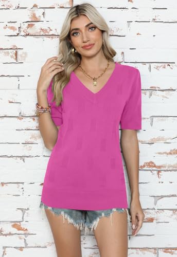 Image of Yincro Womens Short Sleeve Sweaters Fall Summer Tops V Neck Lightweight Knit Pullovers