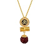 Gold Plated Brass CZ Lord Shiva/Mahadev/Mahakal Damru with Om Locket Panchmukhi Rudraksha Religious
