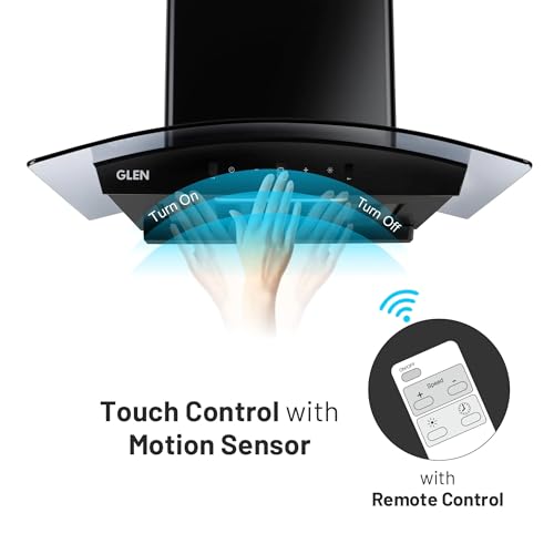 Image of Glen Chimney Auto Clean Curved Glass Filter-less Kitchen Chimney for home 76cm Motion Sensor control with Digital Display 1500 m3 /h (6059 DI BL AC)
