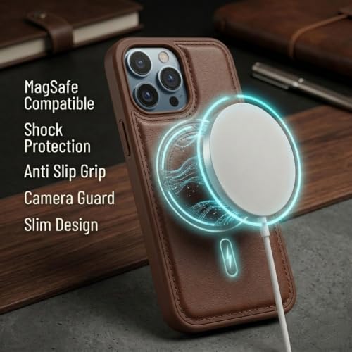 Image of amazon basics Premium PU Leather Case for iPhone 13 Pro, MagSafe Compatible Magnetic Ring, Sleek Protective Back Cover - [Brown]