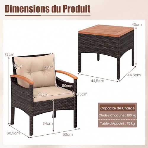 Ensemble jardin rotin PE 3 pcs acacia coussins TI92660FR COSTWAY