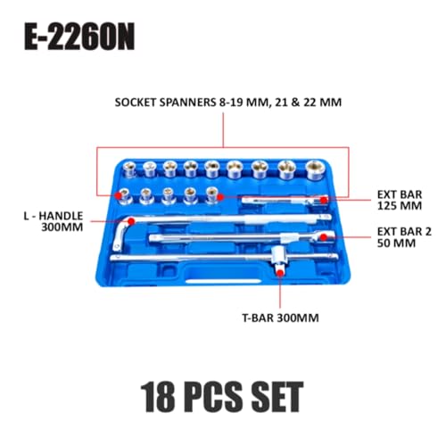 Image of Eastman 1 /2 Sq. Drive Sockets Sets, Chrome Vanadium Steel, Double Chrome Plated Square Drive, Mirror Finish(14 Sockets + 4 Accessories) Set Of 18Pcs (E-2260)