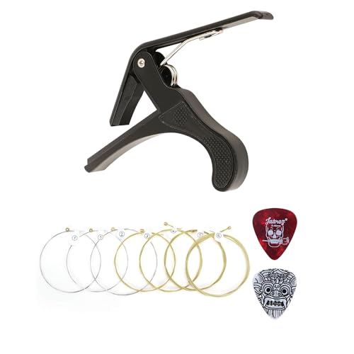 Juârez One-Handed Trigger Capo Combo with Extra Light Copper Wound Acoustic Guitar Strings (0.010–0.048, 7 Strings), Bright Tone, Includes 2 Picks – F