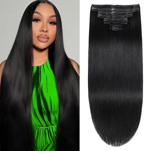 Image of Clip in Hair Extensions Real Human Hair Seamless Invisible Clip-in Jet Black Hair Extensions 22inch Clip ins 100% Brazilian Remy Human Hair for Women Straight 8pcs Double Weft Soft Hair