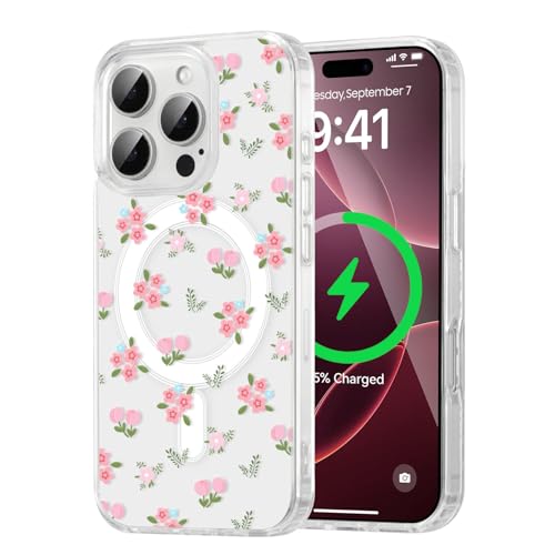Coque compatible Magsafe pour iPhone 15 protection antichocs mince transparente floral