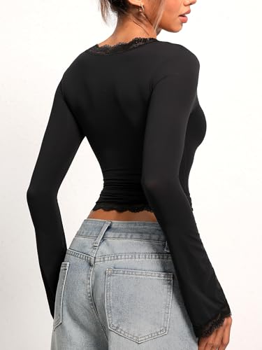 Women Bell Long Sleeve Shirts Cute Going Out Top Lace Trim Square Neck Double Lined Fitted Basic Tops Y2k Tight Slim3