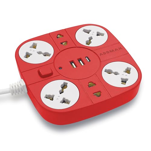 Image of ADDMAX Extension Board with USB | 6 Power Sockets, 2 USB Ports + 1 Type-C Port | 1.8M Heavy Duty Cord | 10A 220V Multi Plug Extension Cord | Fireproof Power Strip for Home, Office & Laptop - Red