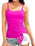V FOR CITY Ribbed Camisole Top for Women with Built-in Bra Adjustable Straps Cami Scoop Neck Side Ruched Layering Tanks M Hot Pink