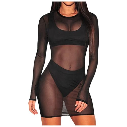 2025 Robe transparente en maille à manches longues pour femme - Clubwear transparent, Noir , XXL