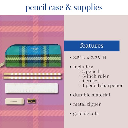 Image of kate spade new york Pen and Pencil Case with Office Supplies, Zip Pouch Includes 2 Pencils, Sharpener, Eraser, and Ruler, Grand Plaid Duo