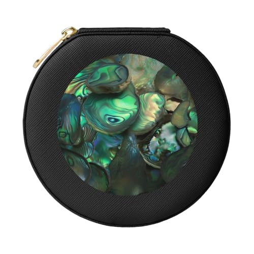 JTKREZ Boîte à bijoux ronde noire en cuir imprimé nacre d'ormeau pour boucles d'oreilles, bagues, colliers, bracelets