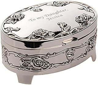 Personalised Oval Silver plated Antique Rose Trinket Box - Engraved With Your Custom Text.