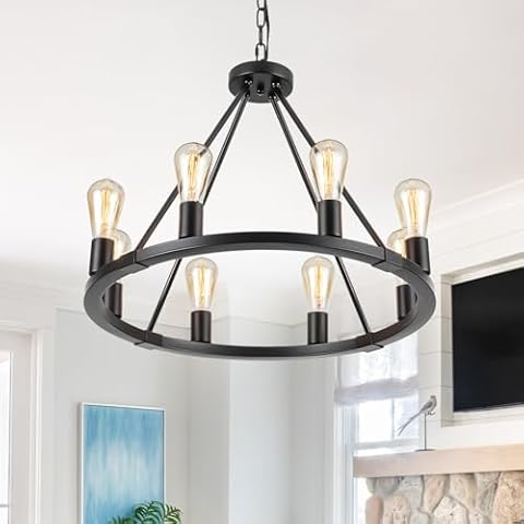 Neatmeat Black Wagon Wheel Chandelier 23 inch,8 Lights Farmhouse Wagon Wheel Chandeliers, Round Industrial Ceiling Light fixtures for Porch High Ceiling Living Dining Room Foyer Entryway,E26 Cover