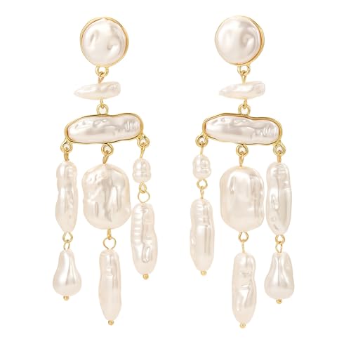 HETICA Gold Pearl Drop Dangle Earrings for Women, Baroque White Big Pearl Drop Earrings Engaged Wedding Bridesmaid Hanging Jewelry Gifts for Women