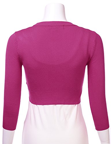 Floria Women Solid Button Down 3/4 Sleeve Cropped Bolero Cardigan Sweater Magenta L #TOP2