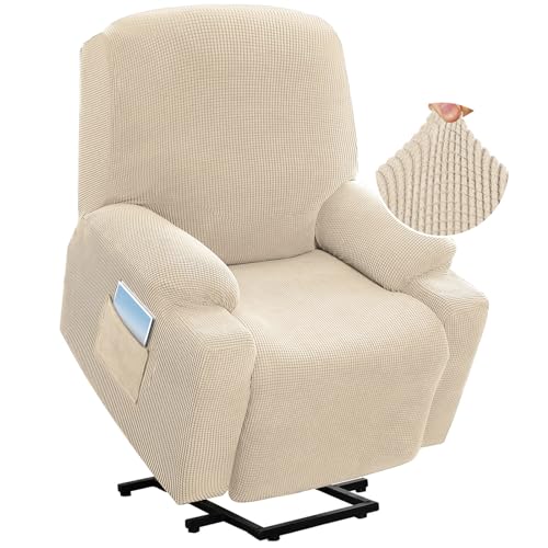 H.VERSAILTEX Stretch Couch Cover Recliner Cover Electric Power Lift Recliner Chair Cover Fitted Standard Large Power Lift Recliner with Side Pocket, Soft Thick Jacquard(Single Seat, Natural)