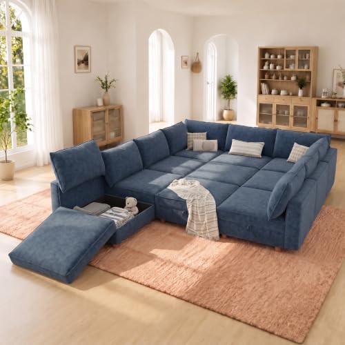 Image of 99 inch Chenille Modular Sofa Bed with Washable Covers & Storage, 10-Seater Modular Sectional Sleeper Sofa Bed with Movable Ottoman Chaise, Convertible Sleeper Sectional Couches for Living Room, Blue