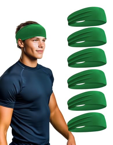 6 Pack Sport Headbands for Men & Women Sweat Wicking Workout Sweatband Bright Green Hairband for Running Cycling Football Yoga (Green 6 Pack)