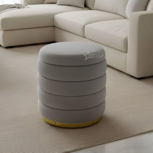 Image of Round Velvet Single-Strip Office Stool Foot Rest Stool, Linen Fabric Padded Seat Pouf Ottoman, 14 X 14 X 16 inch, Round Shape for Living Room, Office, etc. Grey