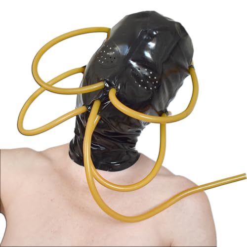 Latex Bondage Maske mit Atemschläuchen – Anatomische Gummimaske für Atemkontrolle, Fetisch & Rollenspiele – Reißverschluss & Haarschutz – Unisex – Perfekt für Karneval, Fasching & Erwachsene